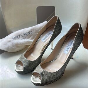 Jimmy Choo Lame Glitter Light Bronze Stiletto Heels with Peep-Toe Design